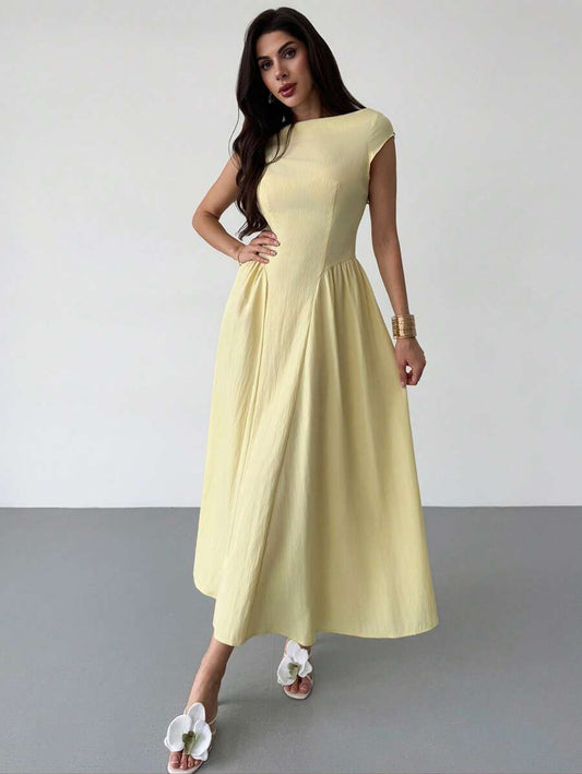 SHEIN Firerie فستان متوسط أصفر بأكمام كتف وخصر مشدود