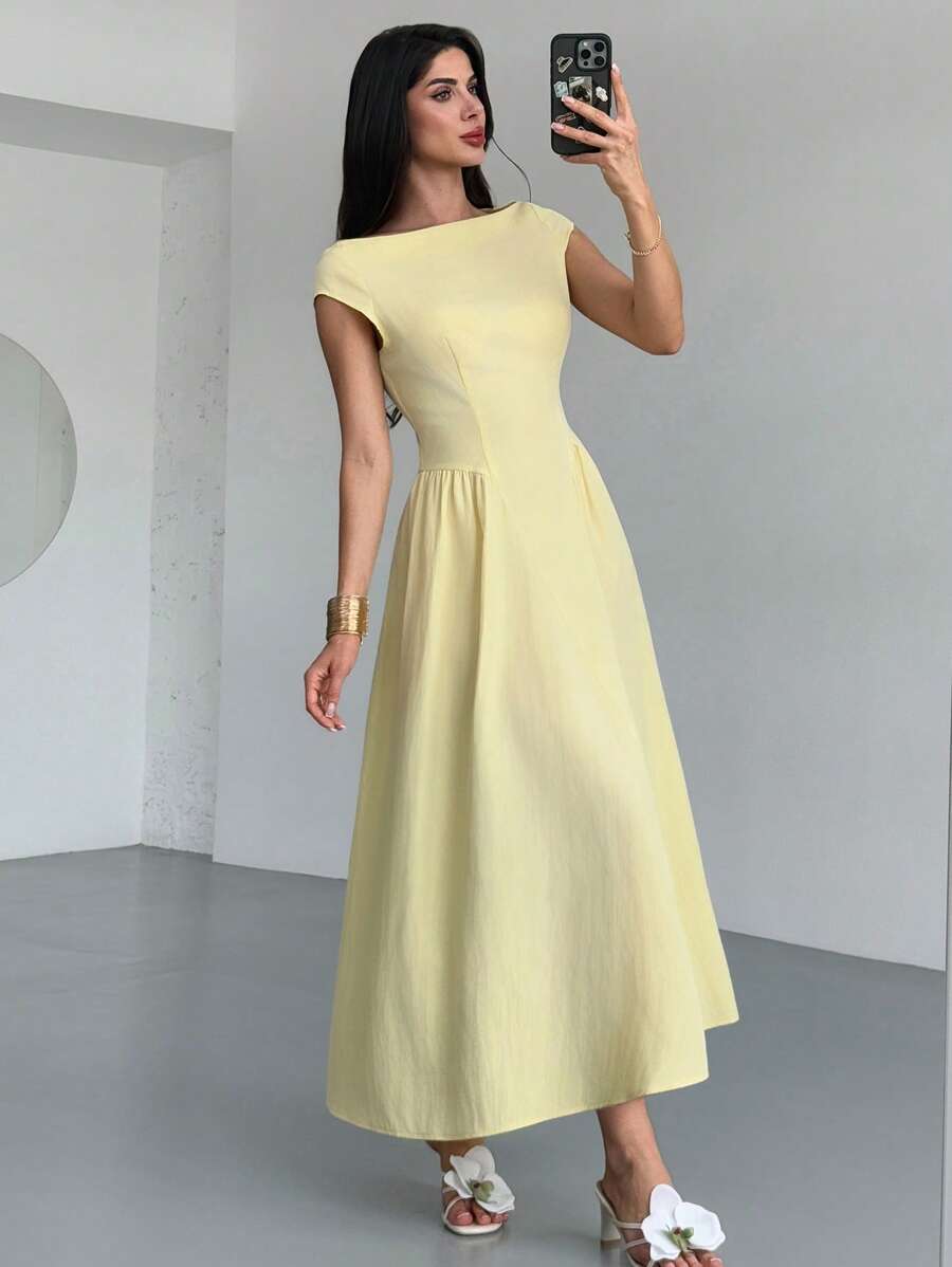 SHEIN Firerie فستان متوسط أصفر بأكمام كتف وخصر مشدود