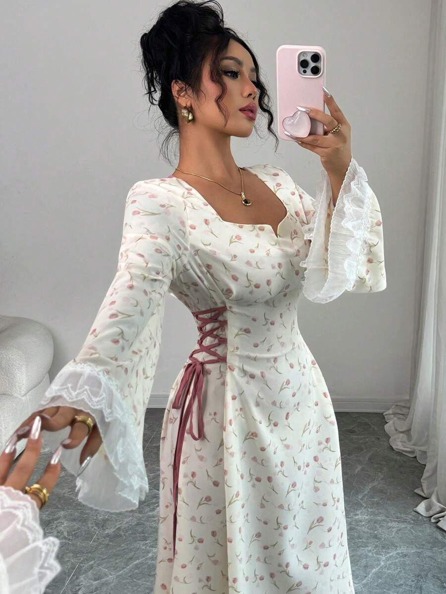 SHEIN Yasmyna فستان وردي مطبوع طويل الأكمام بأربطة خصر بأسلوب عربي