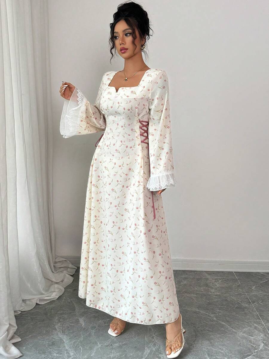 SHEIN Yasmyna فستان وردي مطبوع طويل الأكمام بأربطة خصر بأسلوب عربي