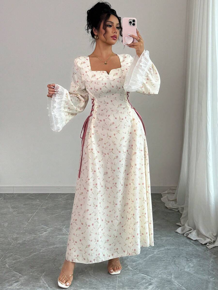 SHEIN Yasmyna فستان وردي مطبوع طويل الأكمام بأربطة خصر بأسلوب عربي