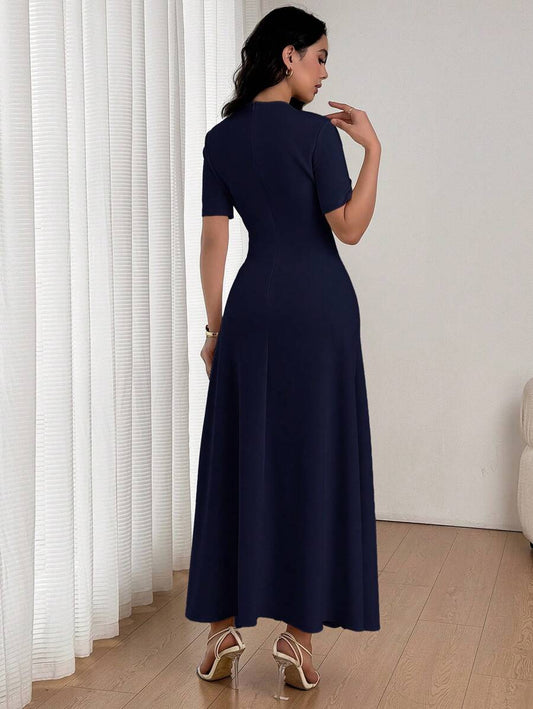 SHEIN Firerie فستان ماكسي كحلي بياقة مستديرة وأكمام قصيرة