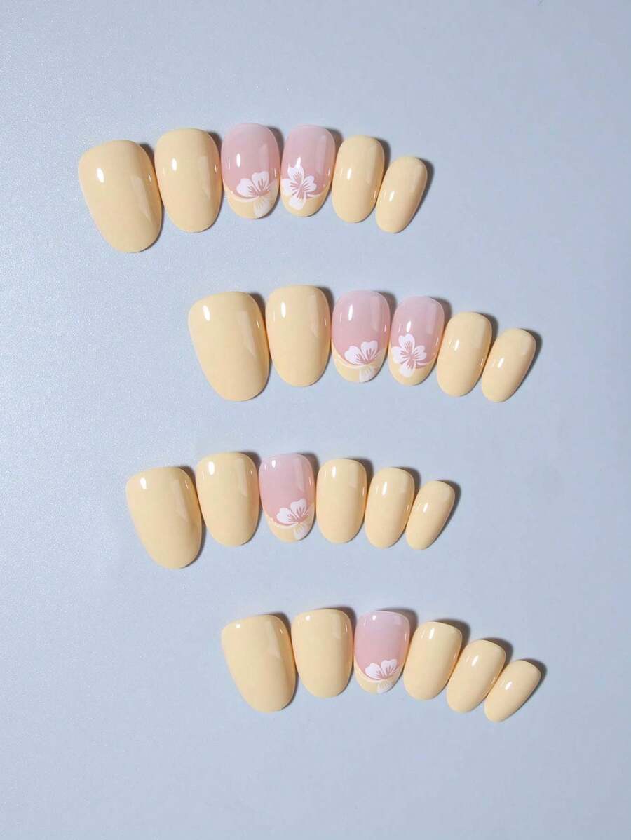 SHEIN أظافر 24 قطعة بيضاوية من الأكريليك بلون أصفر قصيرة