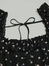SHEIN Sweetra فستان أسود قصير للمقاسات الكبيرة بطبعة زهور وأكمام فوانيس