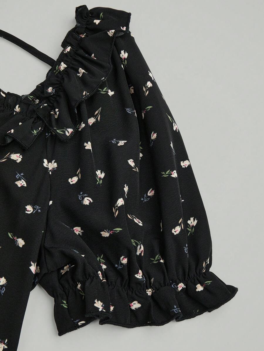 SHEIN Sweetra فستان أسود قصير للمقاسات الكبيرة بطبعة زهور وأكمام فوانيس