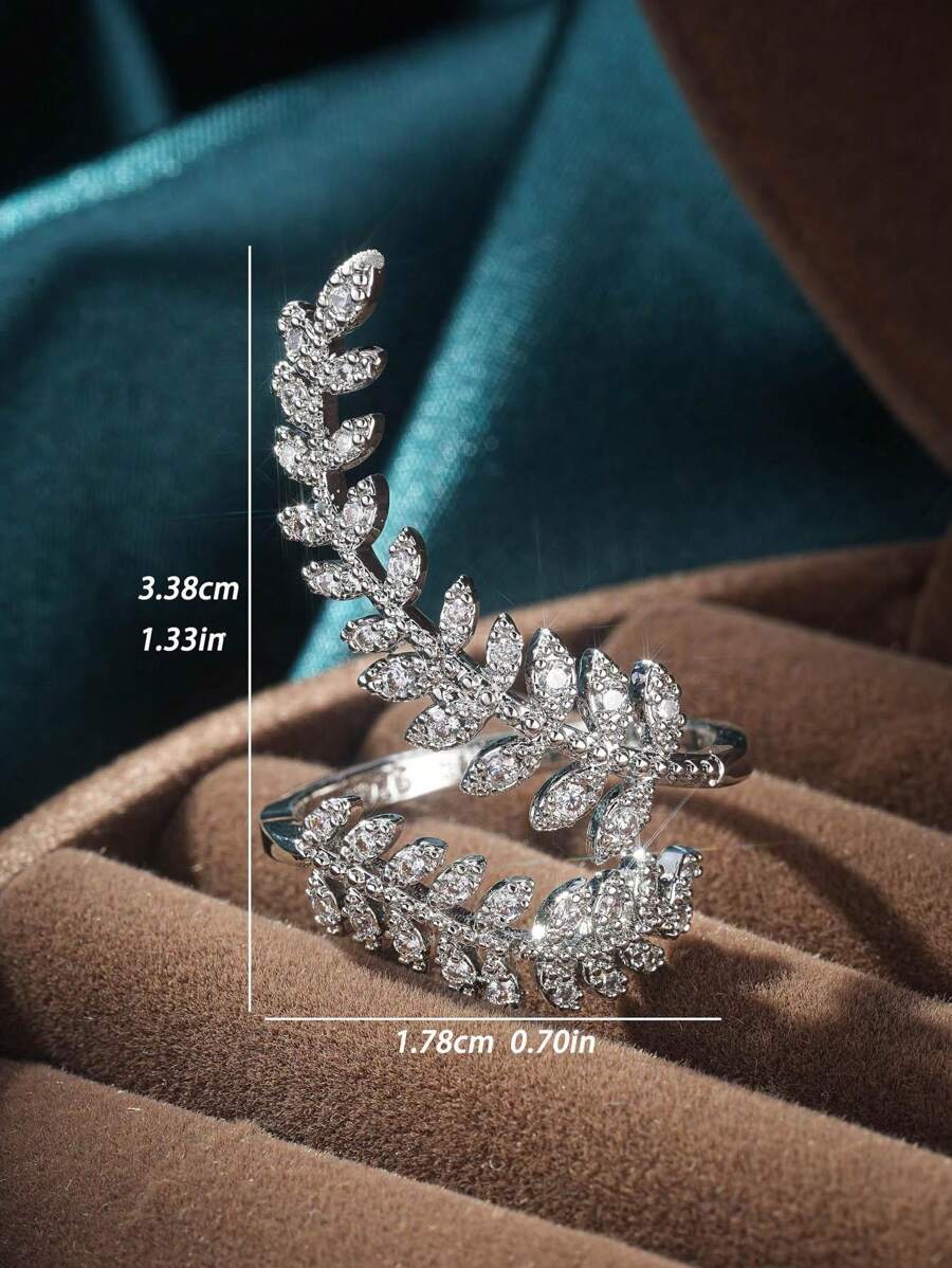SHEIN خاتم براق بزركونيا وأوراق شجر