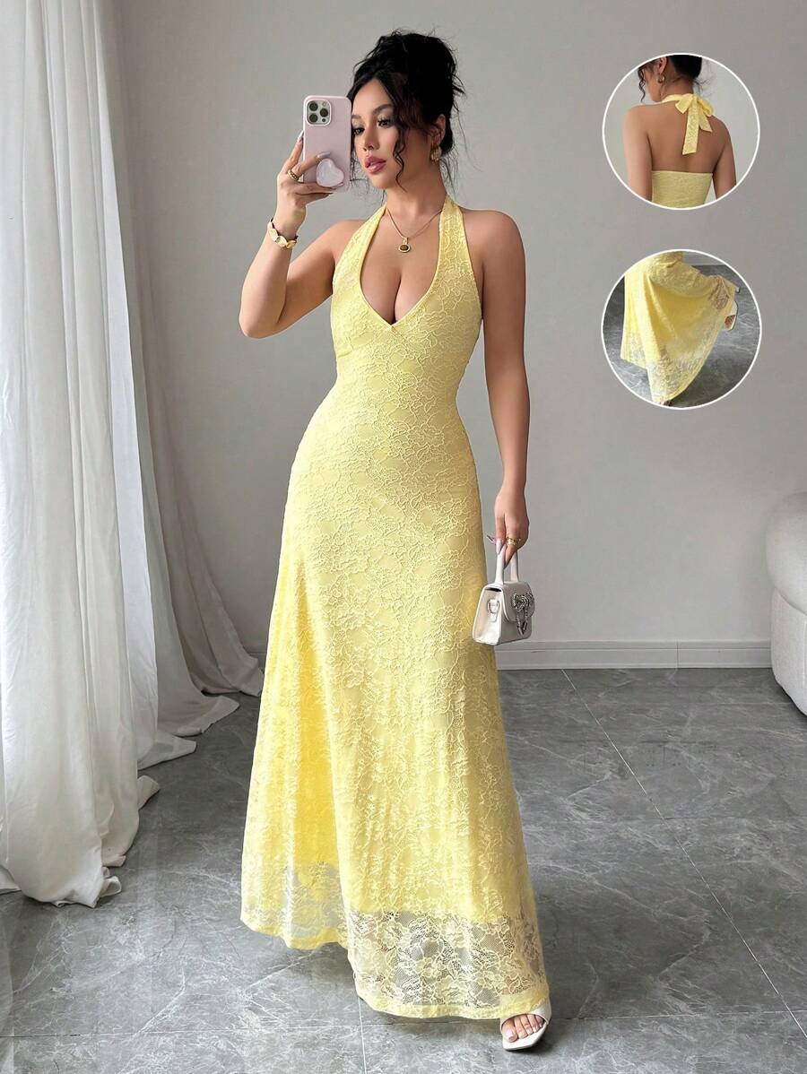 SHEIN Rafferiza فستان اصفر أنيق ذو قالب بودي كون