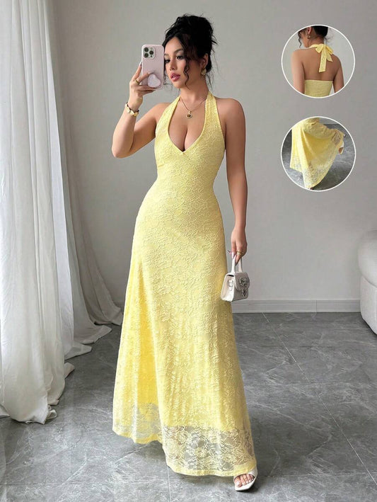 SHEIN Rafferiza فستان اصفر أنيق ذو قالب بودي كون