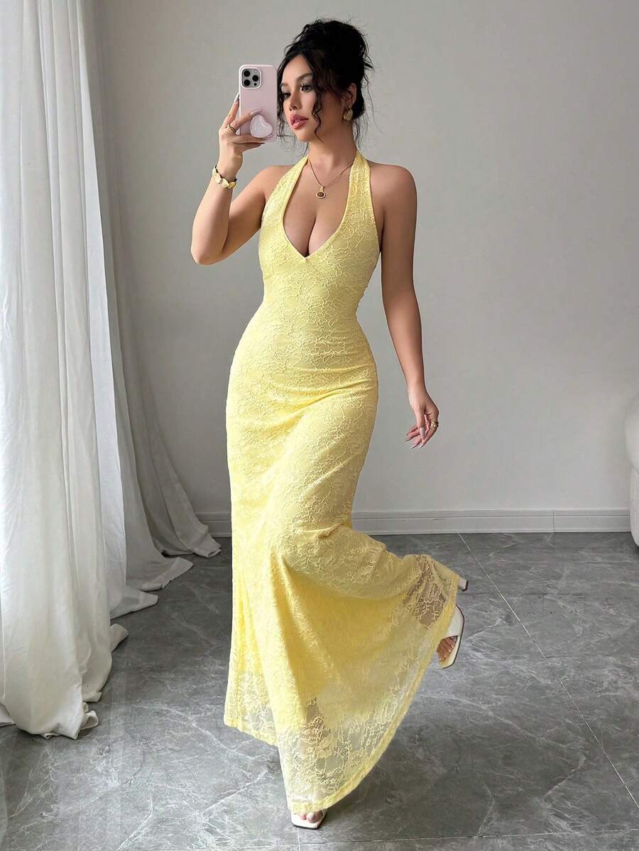 SHEIN Rafferiza فستان اصفر أنيق ذو قالب بودي كون