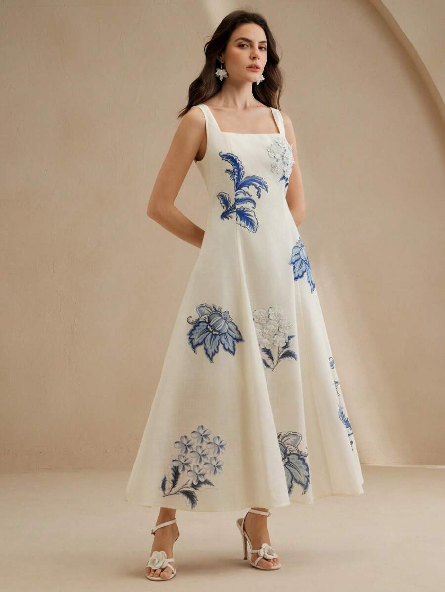 SHEIN Anewsta فستان بطبعة زهور مطرزة ثلاثية الأبعاد