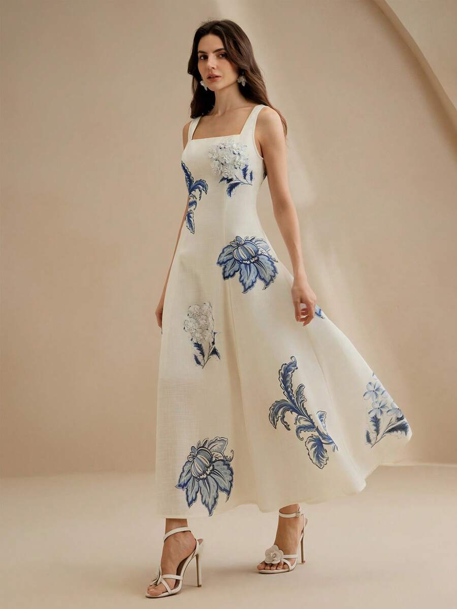 SHEIN Anewsta فستان بطبعة زهور مطرزة ثلاثية الأبعاد