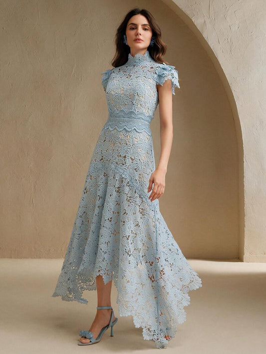 SHEIN Anewsta فستان أزرق  بنقوش دانتيل