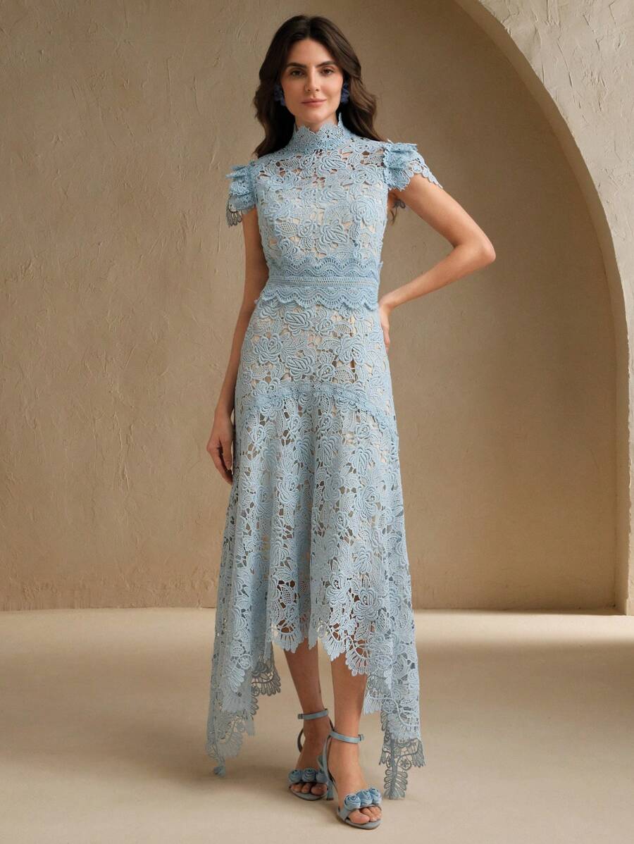 SHEIN Anewsta فستان أزرق  بنقوش دانتيل