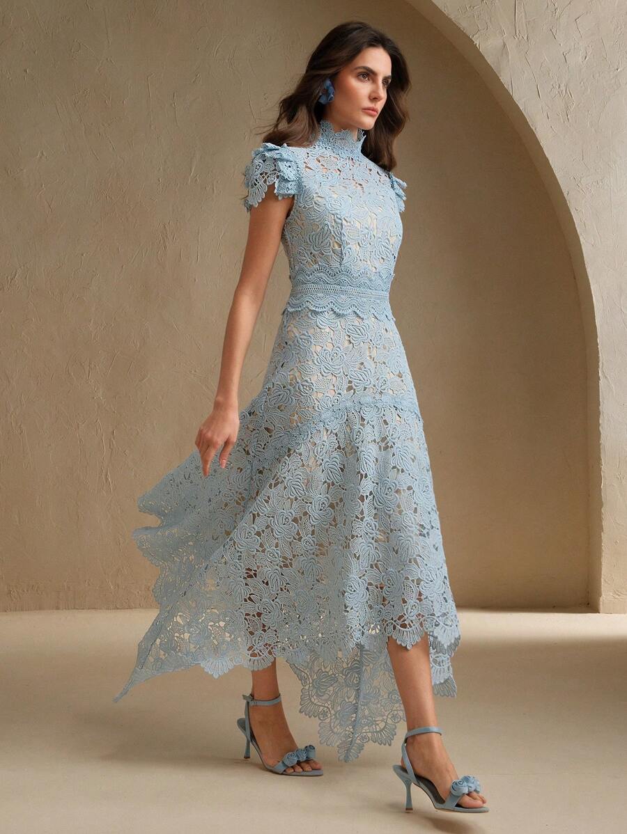 SHEIN Anewsta فستان أزرق  بنقوش دانتيل