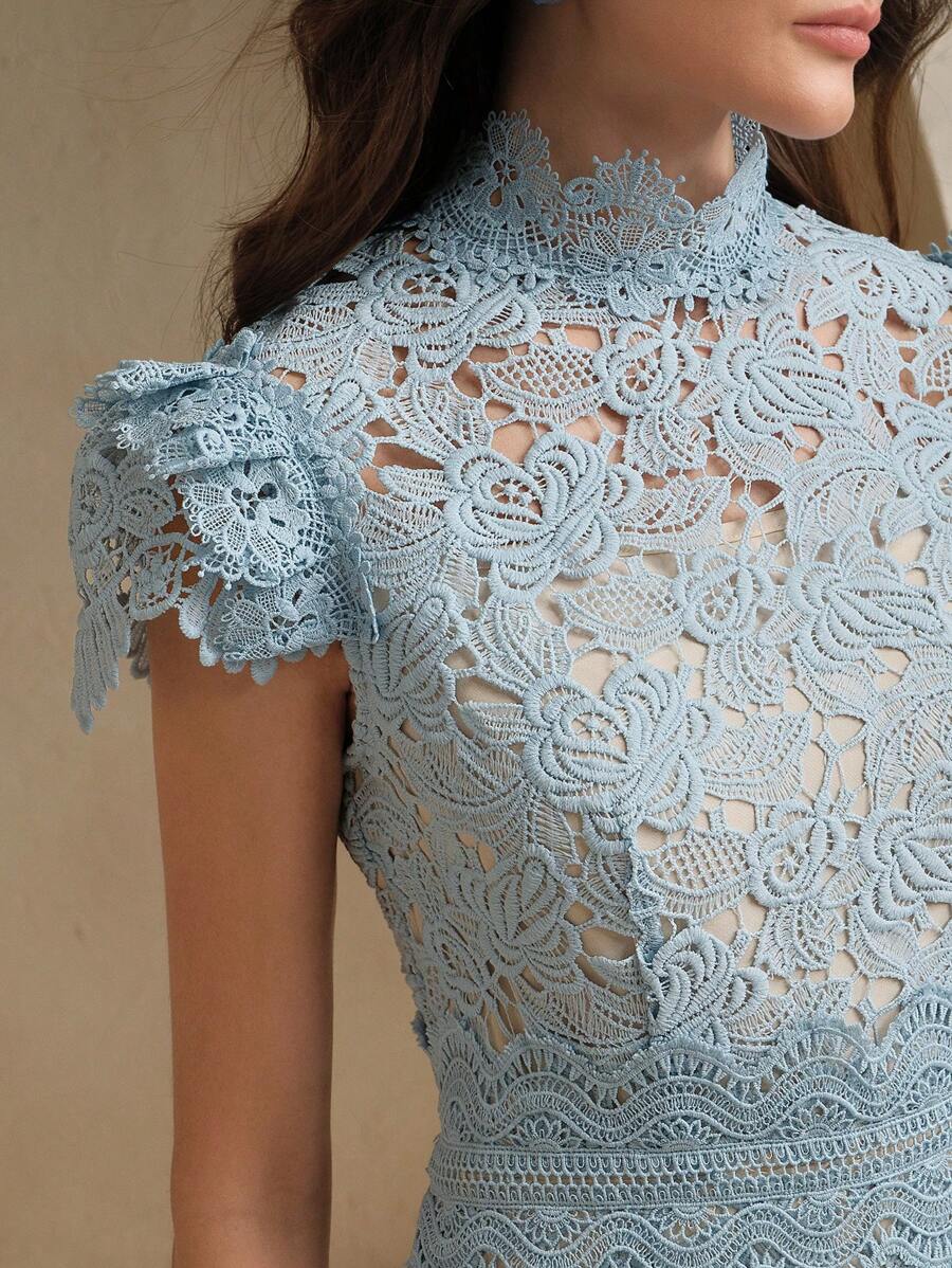 SHEIN Anewsta فستان أزرق  بنقوش دانتيل