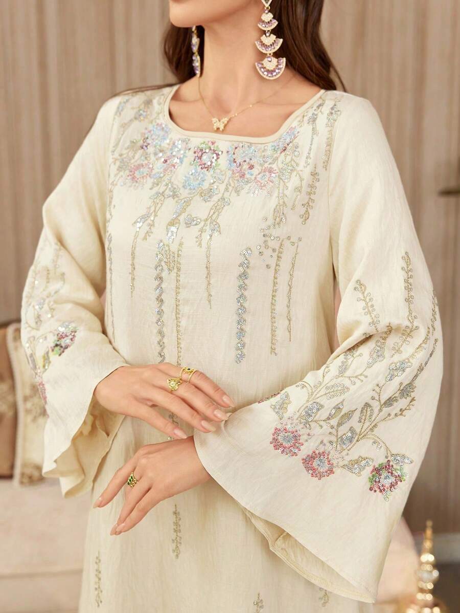 SHEIN Al Najma فستان ابيض مطرز كاجوال كفتان مبسط