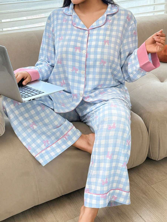 SHEIN بدلة نوم كارديجان وبنطلون مربعات