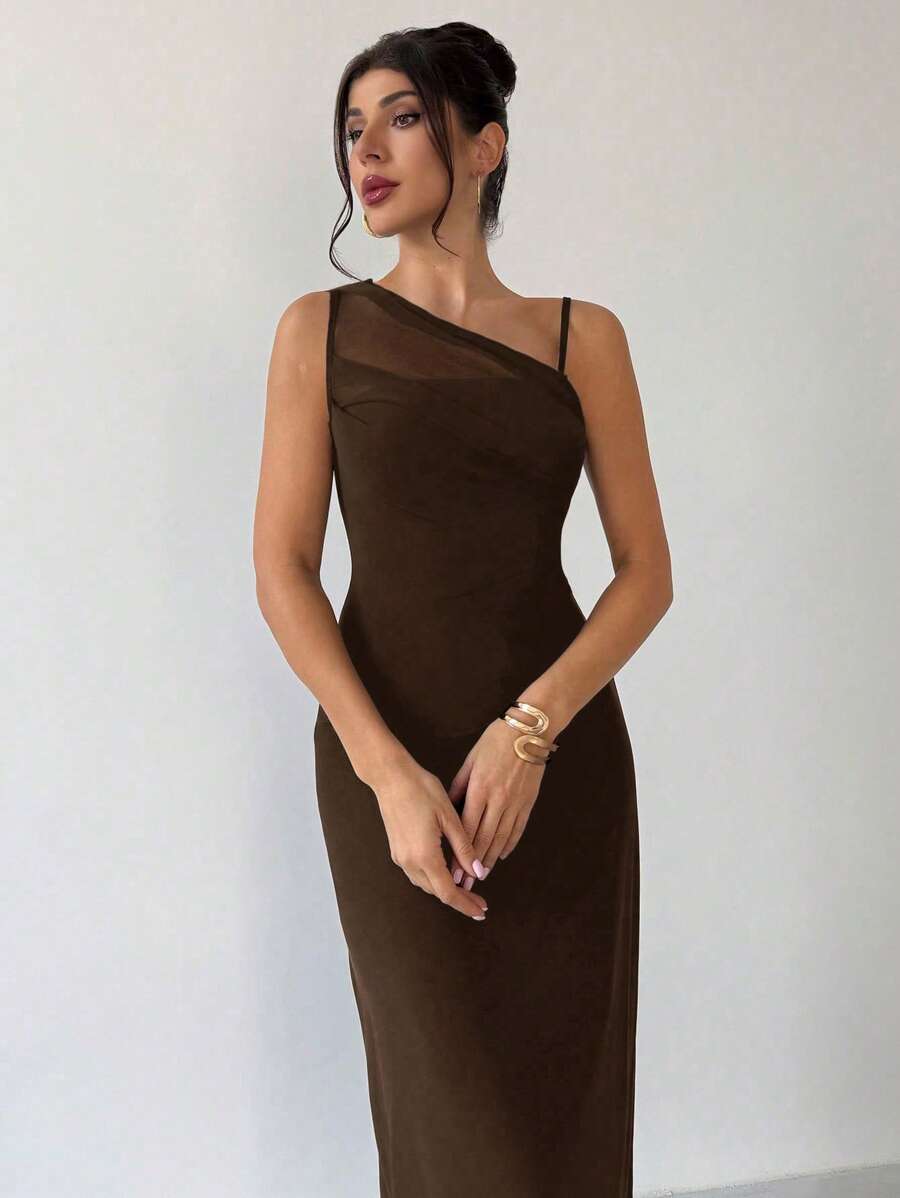 SHEIN Firerie فستان بني شفاف غير متماثل