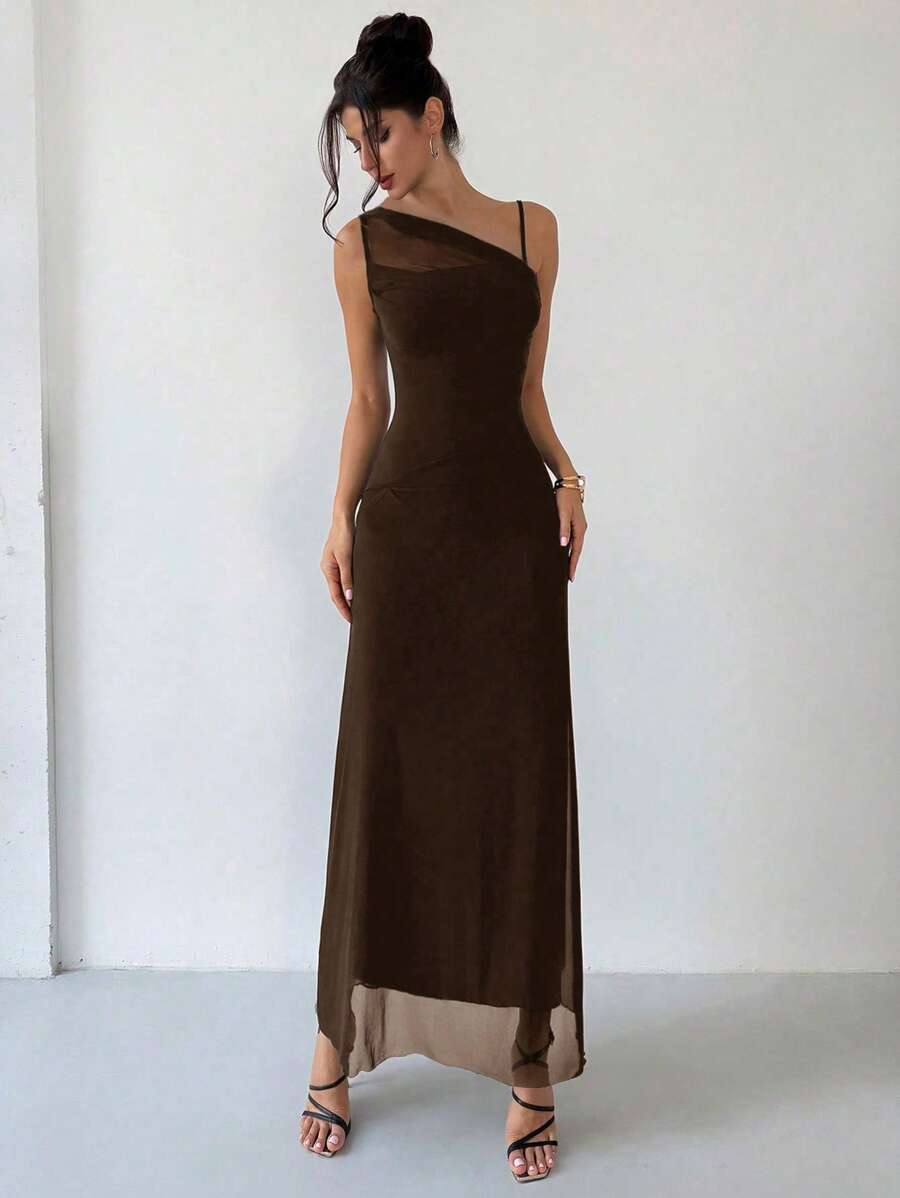 SHEIN Firerie فستان بني شفاف غير متماثل