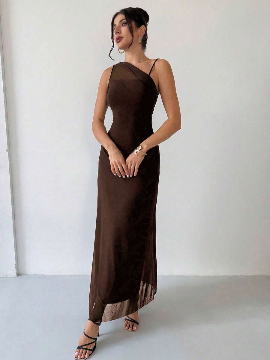 SHEIN Firerie فستان بني شفاف غير متماثل