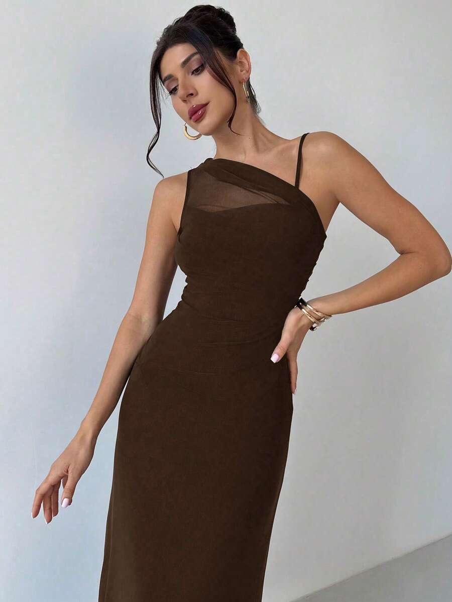 SHEIN Firerie فستان بني شفاف غير متماثل
