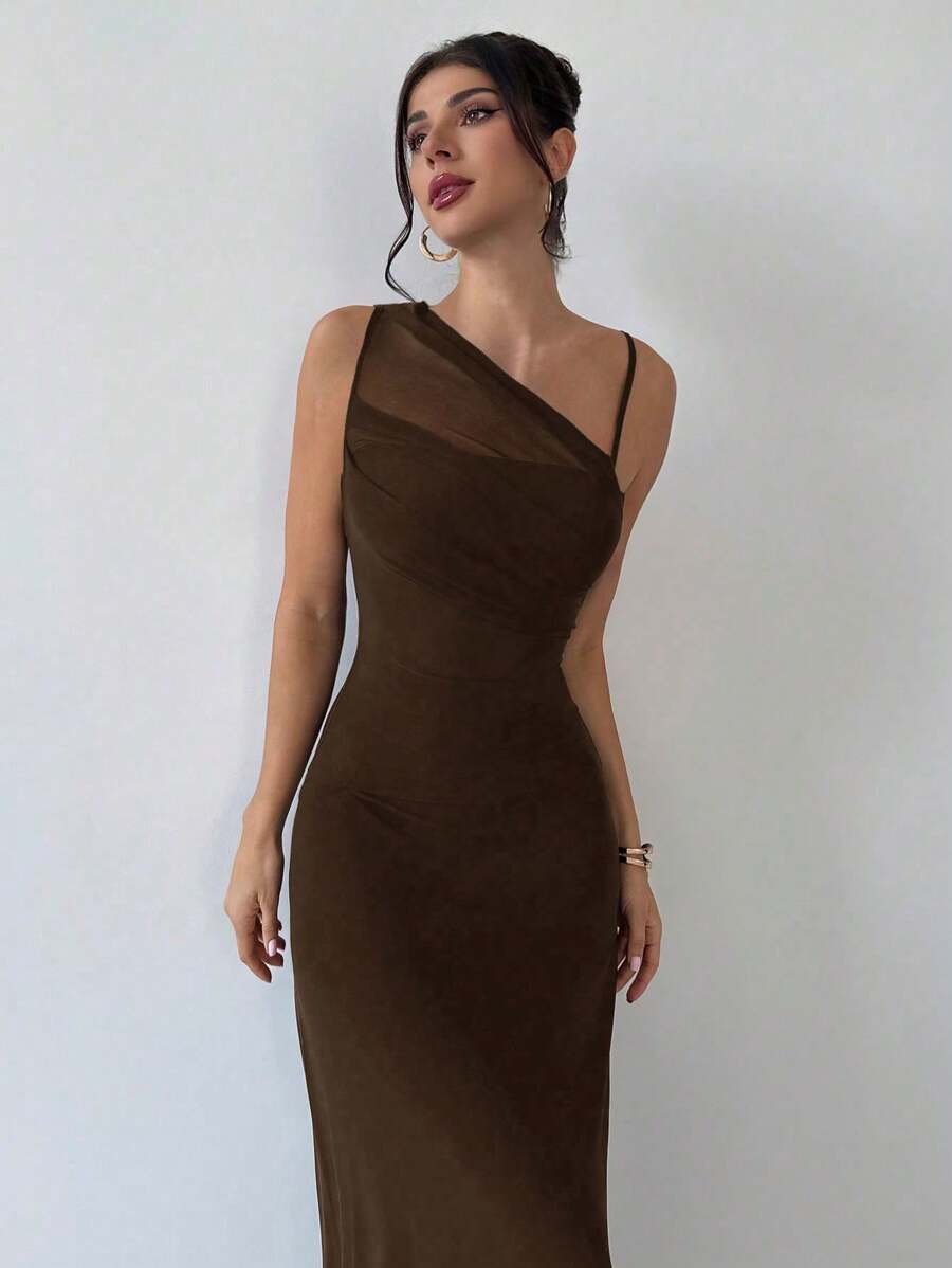 SHEIN Firerie فستان بني شفاف غير متماثل