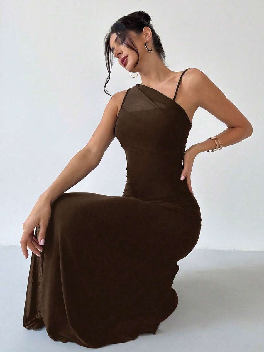SHEIN Firerie فستان بني شفاف غير متماثل