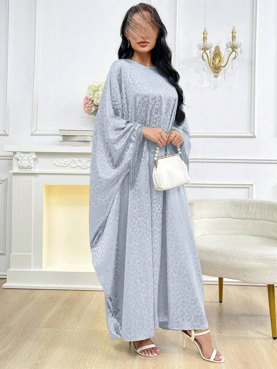 SHEIN Al Najma بلوزة جلابية فضفاضة بكم جرس بنقشة نمر وشراريب