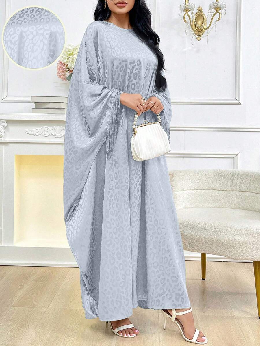 SHEIN Al Najma بلوزة جلابية فضفاضة بكم جرس بنقشة نمر وشراريب