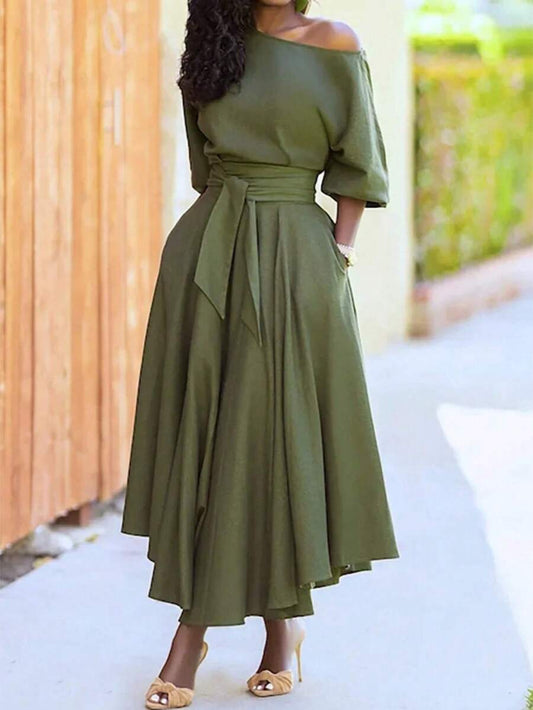 SHEIN فستان طويل بكتف مكشوف وخصر مربوط وحافة غير متماثلة