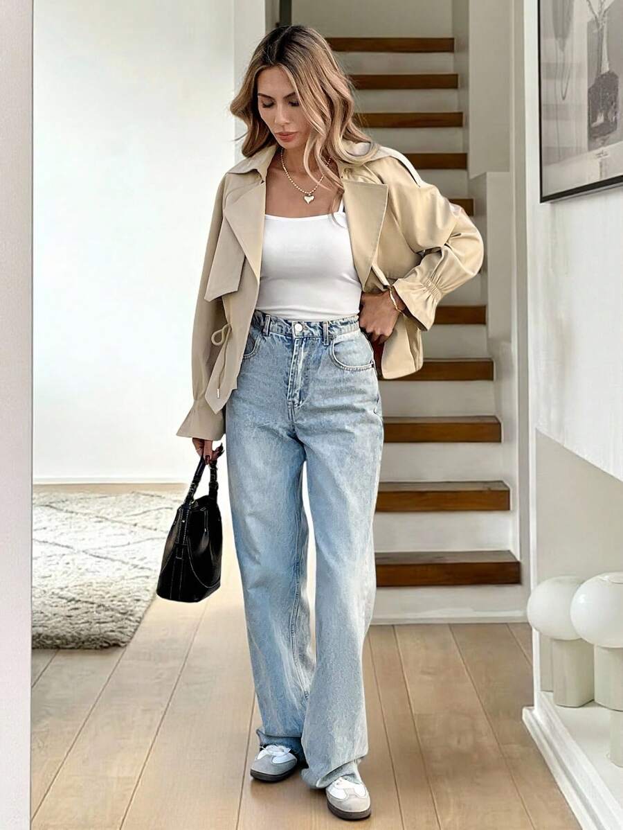 SHEIN Easowa معطف ترنش نسائي قصير بلون كاكي