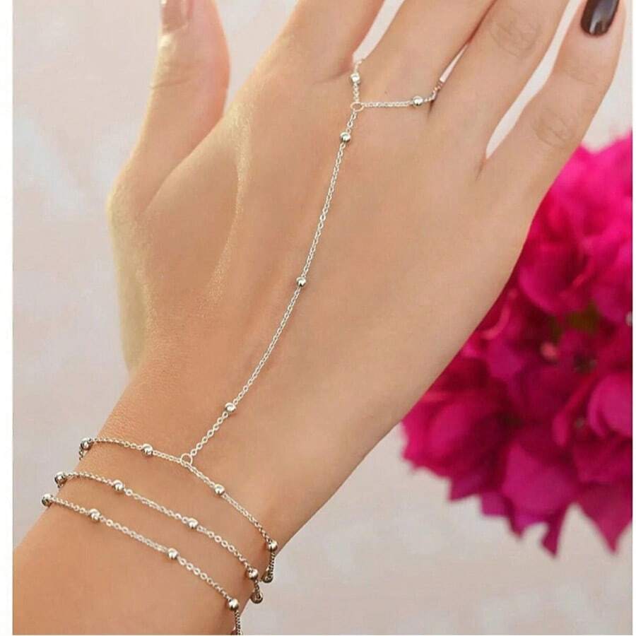 SHEIN سلسة خاتم قابل للتعديل بسلسلة خرز بسيطة