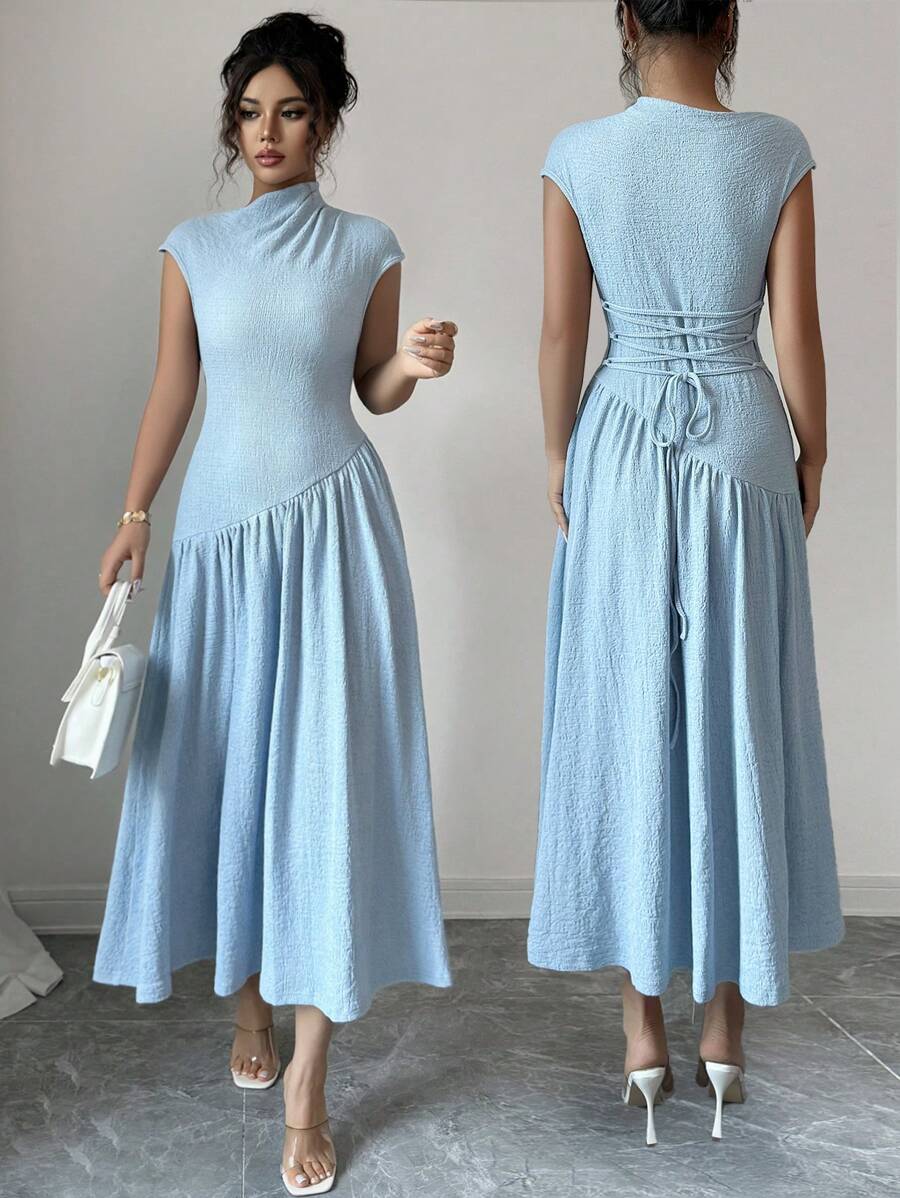 SHEIN Modelyn فستان أزرق بياقة قائمة وأكمام كتف وخصر مشدود