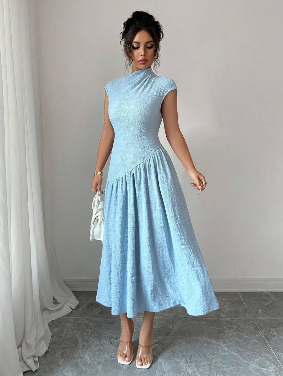 SHEIN Modelyn فستان أزرق بياقة قائمة وأكمام كتف وخصر مشدود