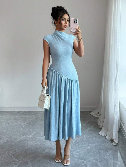SHEIN Modelyn فستان أزرق بياقة قائمة وأكمام كتف وخصر مشدود
