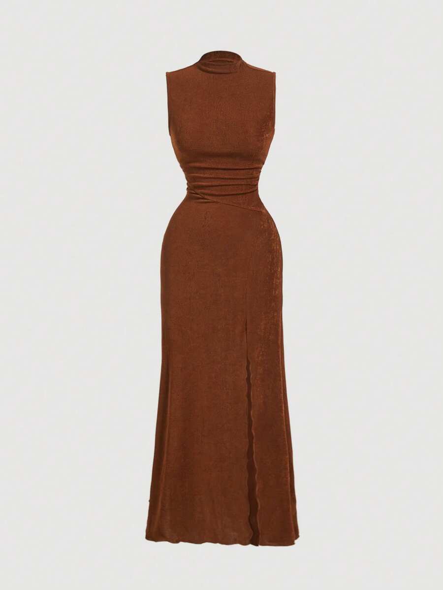 SHEIN MOD فستان بني بفتحة عالية وياقة واقفة