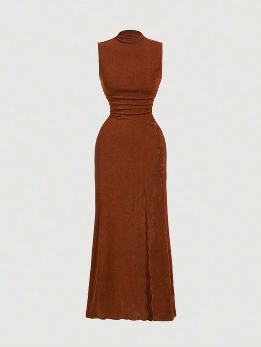 SHEIN MOD فستان بني بفتحة عالية وياقة واقفة