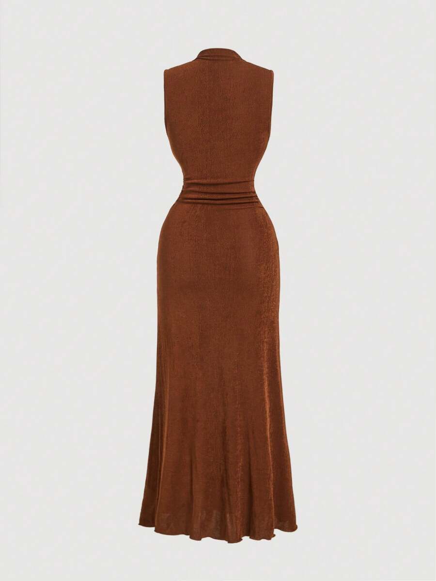 SHEIN MOD فستان بني بفتحة عالية وياقة واقفة