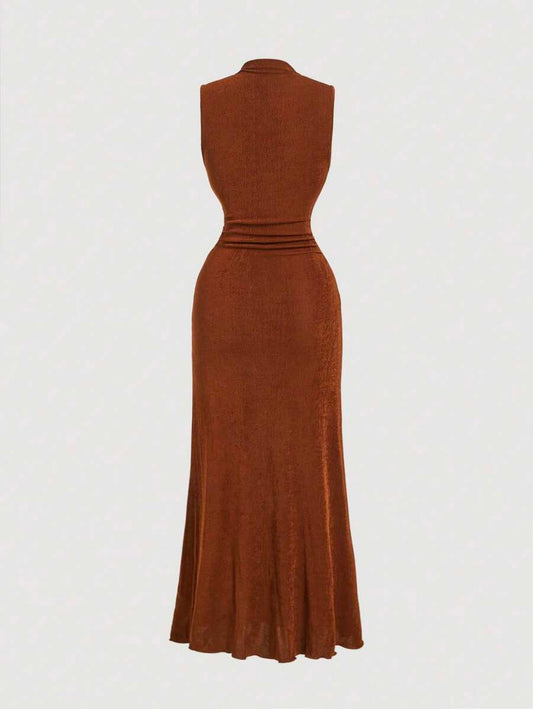 SHEIN MOD فستان بني بفتحة عالية وياقة واقفة