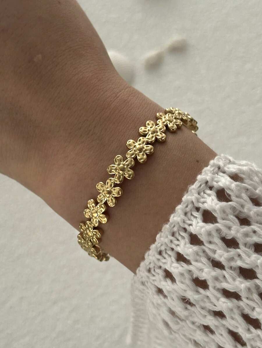 SHEIN سوار فولاذ مطلي ذهب 18 قيراط تصميم زهرة الأقحوان