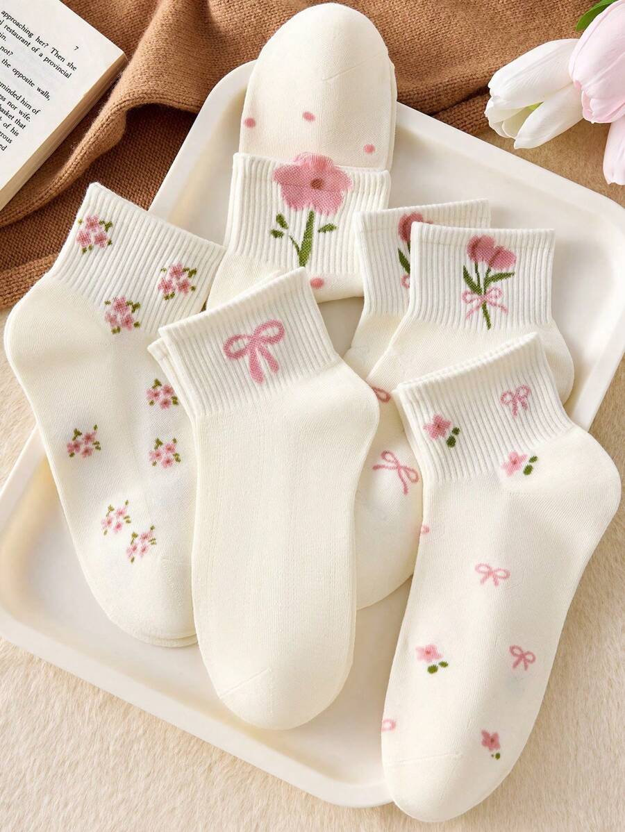 SHEIN طقم 5 أزواج جوارب بطراز لوليتا مزينة بنقاط وزهور