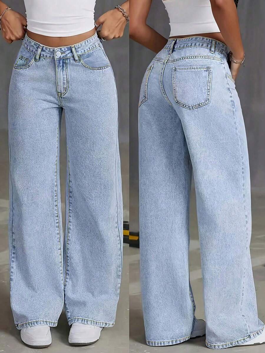 SHEIN بنطلون جينز واسع أزرق فاتح كاجوال