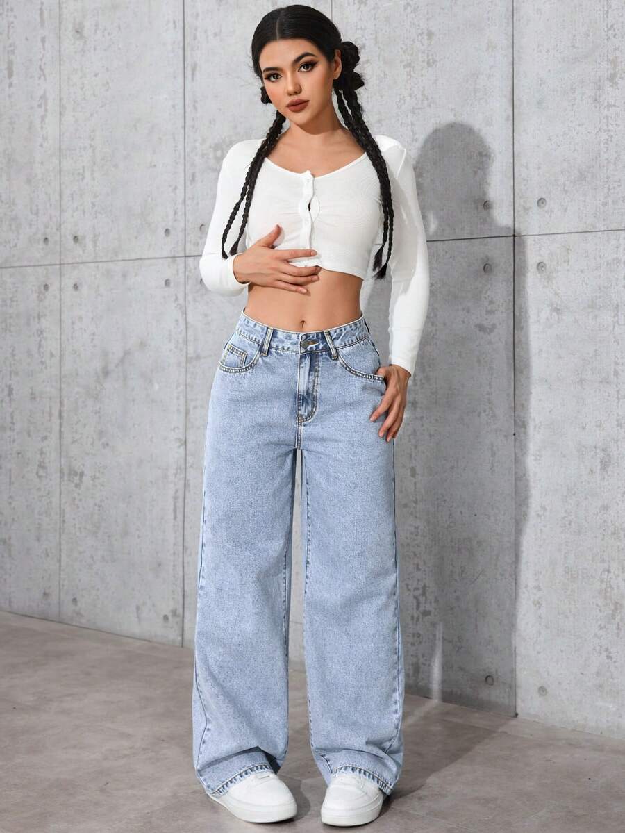 SHEIN بنطلون جينز واسع أزرق فاتح كاجوال