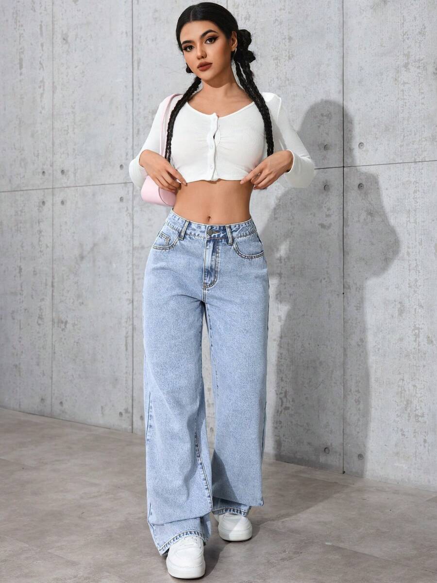 SHEIN بنطلون جينز واسع أزرق فاتح كاجوال
