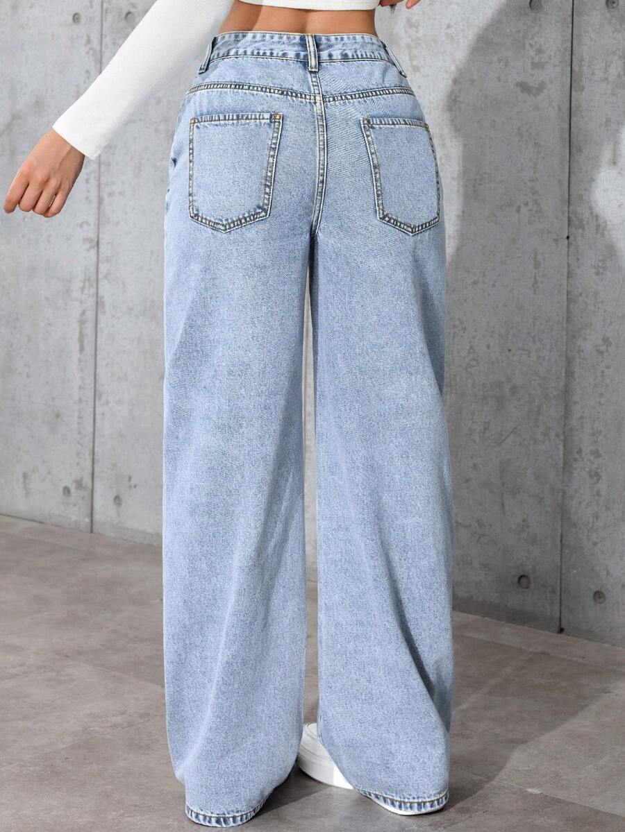 SHEIN بنطلون جينز واسع أزرق فاتح كاجوال