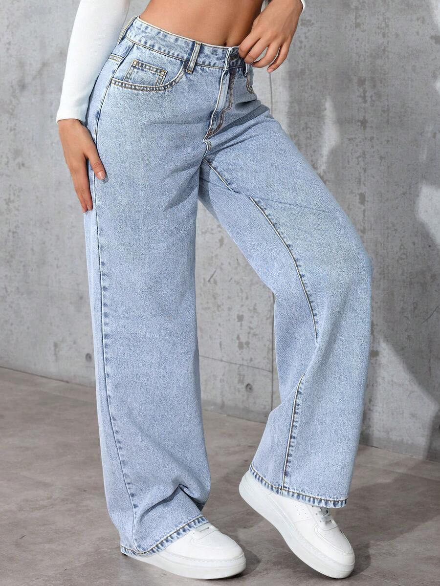 SHEIN بنطلون جينز واسع أزرق فاتح كاجوال