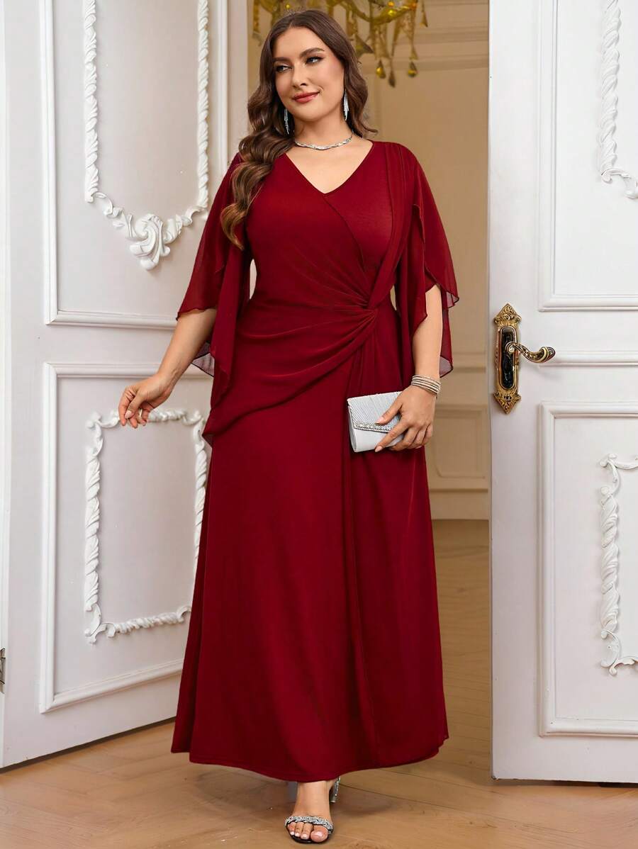 SHEIN Reflora فستان أحمر طويل للمقاسات الكبيرة بأكمام كشكشة