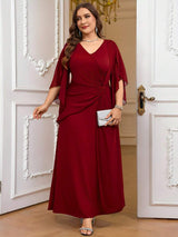 SHEIN Reflora فستان أحمر طويل للمقاسات الكبيرة بأكمام كشكشة
