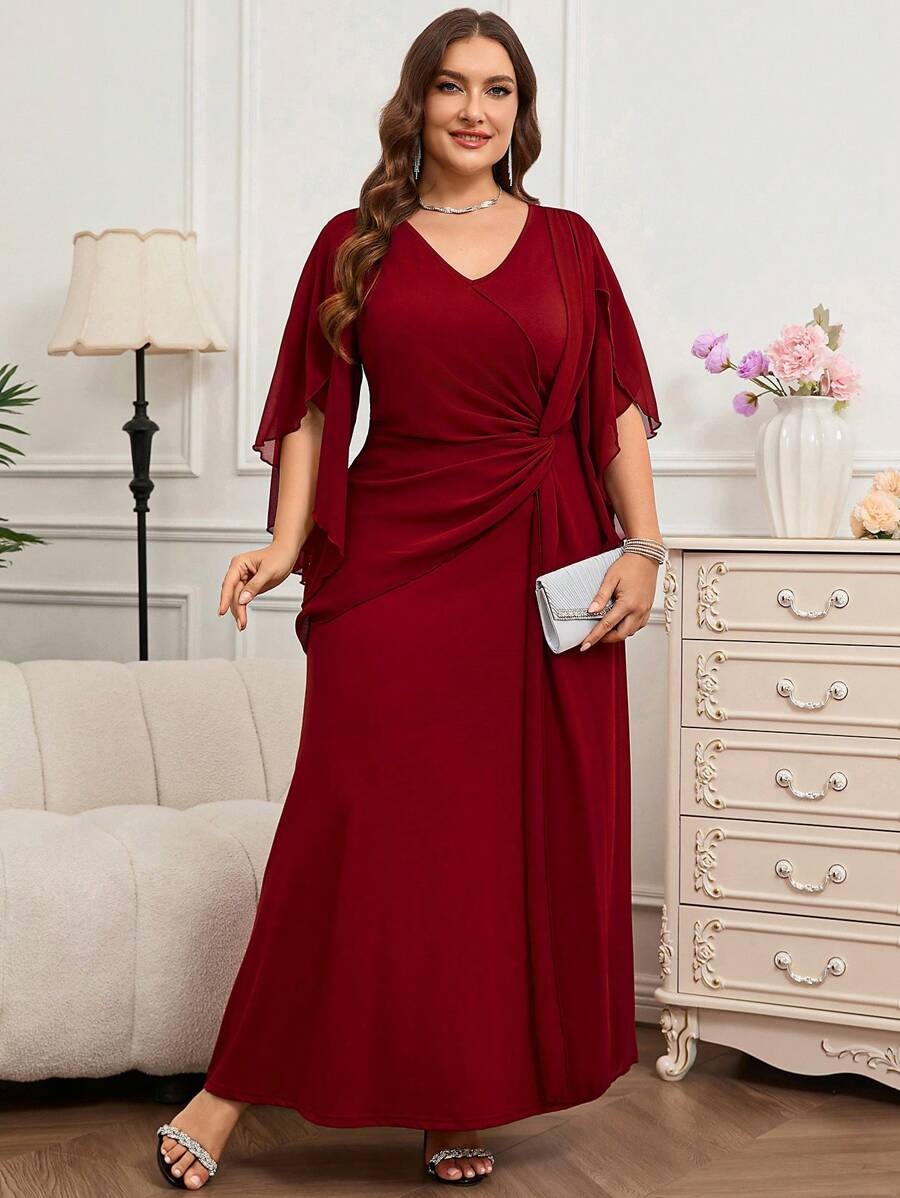 SHEIN Reflora فستان أحمر طويل للمقاسات الكبيرة بأكمام كشكشة