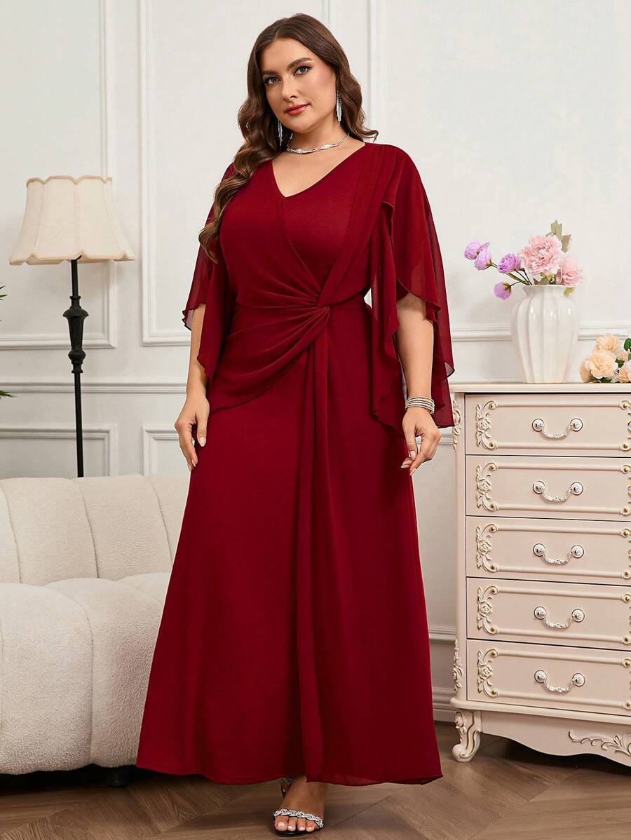 SHEIN Reflora فستان أحمر طويل للمقاسات الكبيرة بأكمام كشكشة